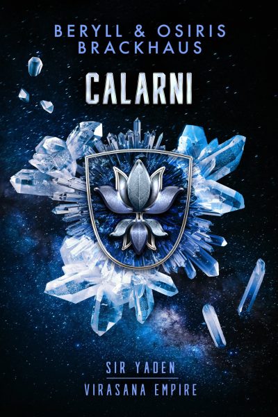 The cover art for Calarni, by Beryll and Osiris Brackhaus. It is a black and blue cover, with blue crystals surrounding a blazon representing a lotus flower.